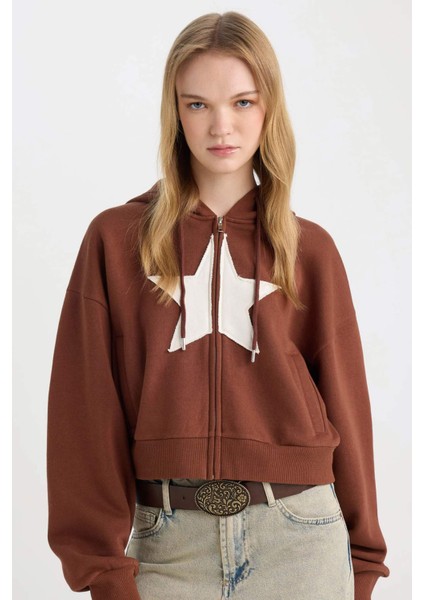 Coool Loose Fit Kapüşonlu Baskılı Kalın Kanguru Cepli Fermuarlı Sweatshirt D5317AX24AU