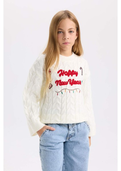 Kız Çocuk Ekru Oversize Geniş Kalıp Bisiklet Yaka Yılbaşı Temalı Triko Kazak D2673A824WN modelleri