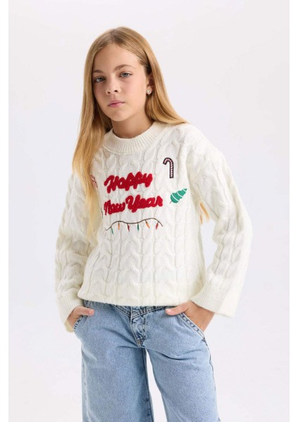 Kız Çocuk Ekru Oversize Geniş Kalıp Bisiklet Yaka Yılbaşı Temalı Triko Kazak D2673A824WN indirimleri