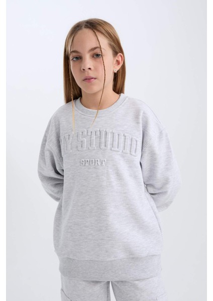 Kız Çocuk Gri Bisiklet Yaka Baskılı Sweatshirt D6628A824AU fırsatları