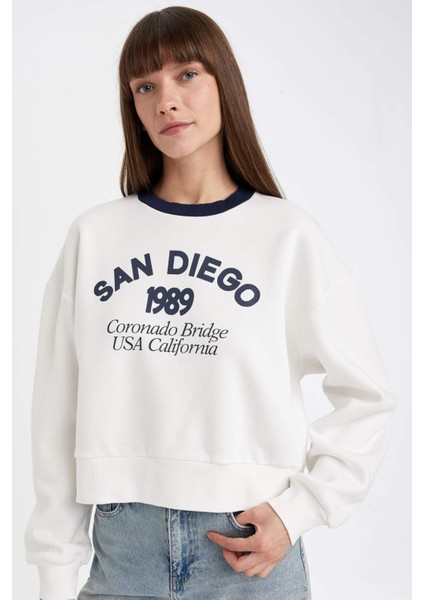 Boxy Fit Bisiklet Yaka Baskılı Kalın Sweatshirt D8723AX24WN