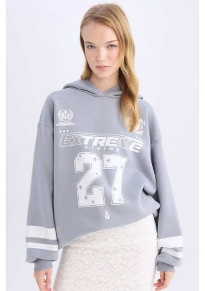 Coool Oversize Geniş Kalıp Kapüşonlu Baskılı Kalın Sweatshirt D6696AX24WN