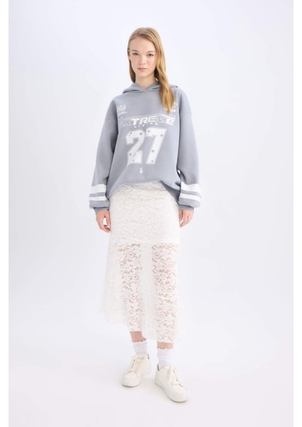 Coool Oversize Geniş Kalıp Kapüşonlu Baskılı Kalın Sweatshirt D6696AX24WN