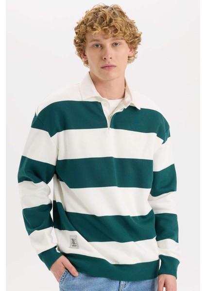 Boxy Fit Polo Yaka Çizgili Sweatshirt D1784AX24WN