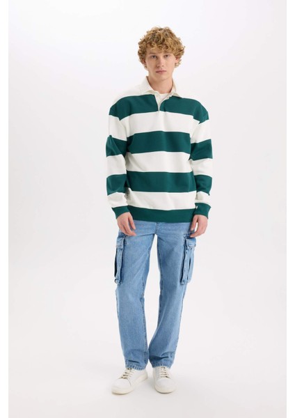 Boxy Fit Polo Yaka Çizgili Sweatshirt D1784AX24WN fiyatları