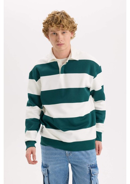 Boxy Fit Polo Yaka Çizgili Sweatshirt D1784AX24WN modelleri