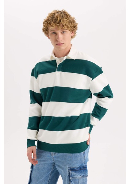 Boxy Fit Polo Yaka Çizgili Sweatshirt D1784AX24WN fırsatları