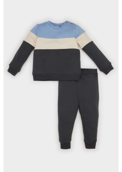 Erkek Bebek 2'li Takım Renk Bloklu Uzun Kollu İçi Yumuşak Tüylü Sweatshirt Beli Lastikli Eşofman Altı Y1410A224AU