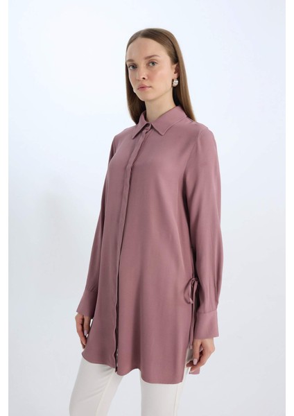 Relax Fit Gömlek Yaka Yandan Bağlamalı Uzun Kollu Basic Düz Gömlek Tunik D7200AX24WN