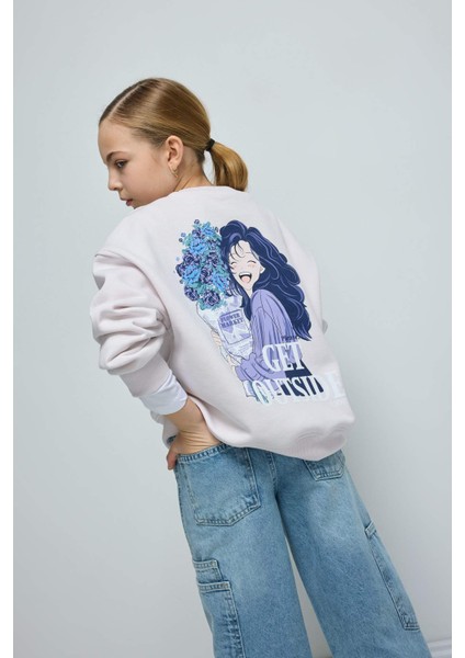 Kız Çocuk Oversize Geniş Kalıp Bisiklet Yaka Sırt Baskılı İçi Yumuşak Tüylü Sweatshirt D4297A824WN