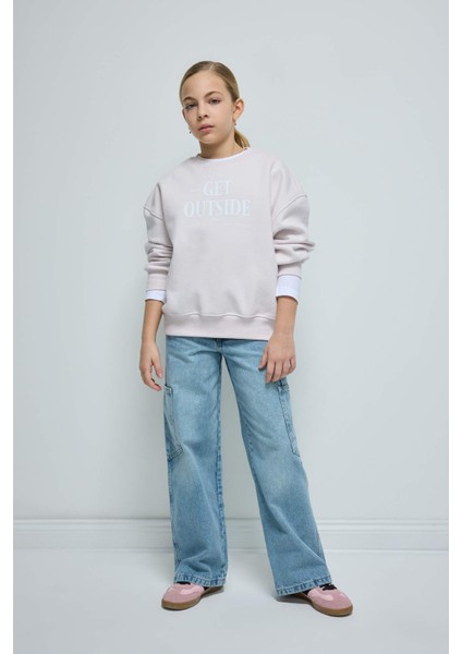 Kız Çocuk Oversize Geniş Kalıp Bisiklet Yaka Sırt Baskılı İçi Yumuşak Tüylü Sweatshirt D4297A824WN