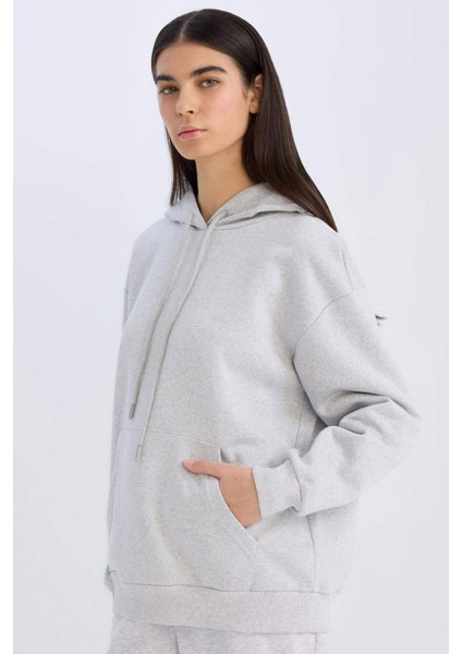 Relax Fit Kapüşonlu Kanguru Cepli Kalın Basic Düz Sweatshirt W8071AZ24WN