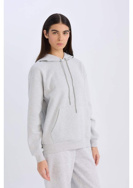 Relax Fit Kapüşonlu Kanguru Cepli Kalın Basic Düz Sweatshirt W8071AZ24WN
