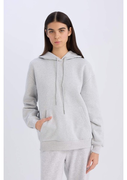 Relax Fit Kapüşonlu Kanguru Cepli Kalın Basic Düz Sweatshirt W8071AZ24WN