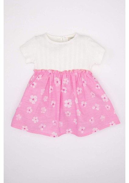 Kız Bebek Çiçekli Kısa Kollu Fitilli Kaşkorse Elbise C2194A524SM
