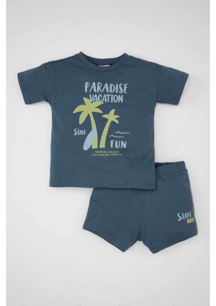 Erkek Bebek 2'li Takım Bisiklet Yaka Palmiye Desenli Kısa Kollu Tişört Şort C4031A524SM