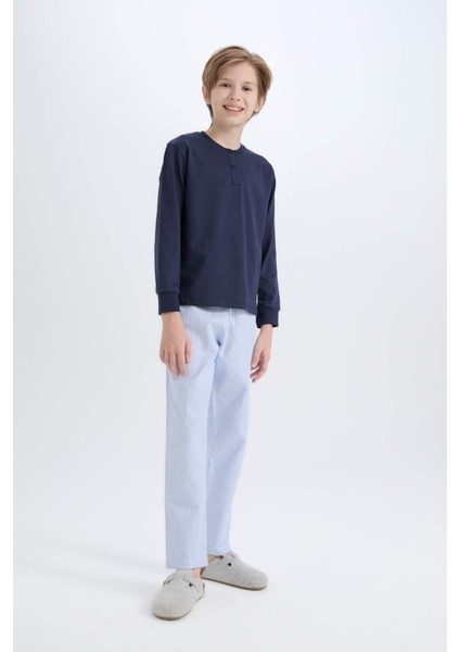 Erkek Çocuk Pijama Takımı Dokuma Bisiklet Yaka Uzun Kollu Üst Çizgili Alt D2894A824WN