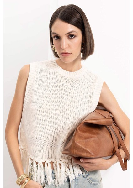 Coool Bisiklet Yaka Basic Düz Püsküllü Triko Süveter D5652AX24AU