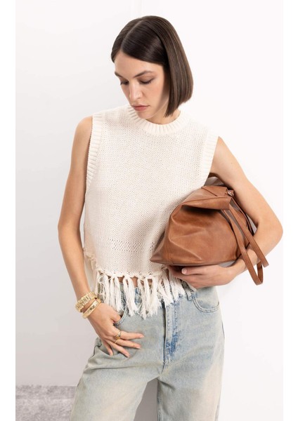 Coool Bisiklet Yaka Basic Düz Püsküllü Triko Süveter D5652AX24AU