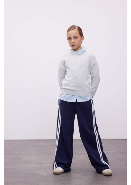 Kız Çocuk Lacivert Wide Leg Geniş Bol Paça Çizgili Eşofman Altı D6568A824AU