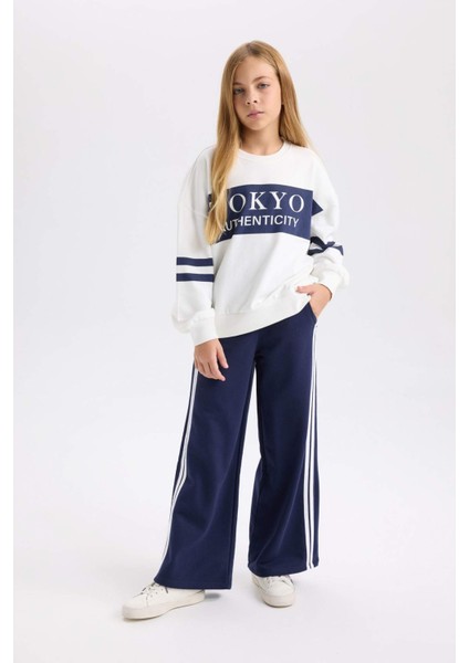 Kız Çocuk Lacivert Wide Leg Geniş Bol Paça Çizgili Eşofman Altı D6568A824AU