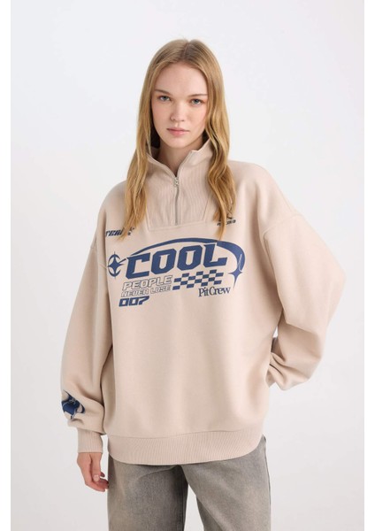 Coool Oversize Geniş Kalıp Yarım Fermuarlı Baskılı Kalın Sweatshirt D7565AX24WN