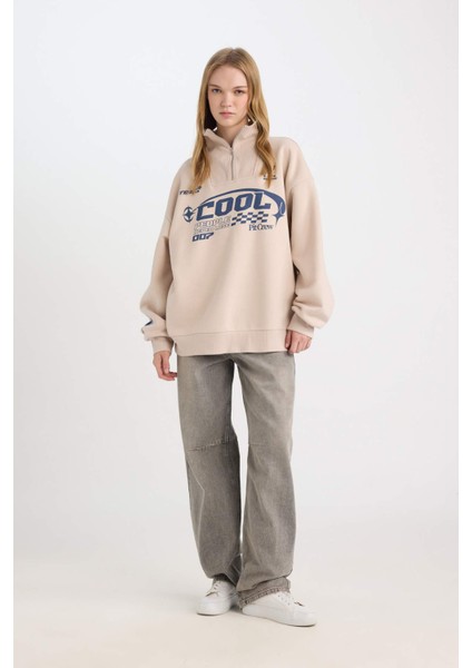 Coool Oversize Geniş Kalıp Yarım Fermuarlı Baskılı Kalın Sweatshirt D7565AX24WN fiyatları