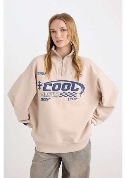 Coool Oversize Geniş Kalıp Yarım Fermuarlı Baskılı Kalın Sweatshirt D7565AX24WN modelleri