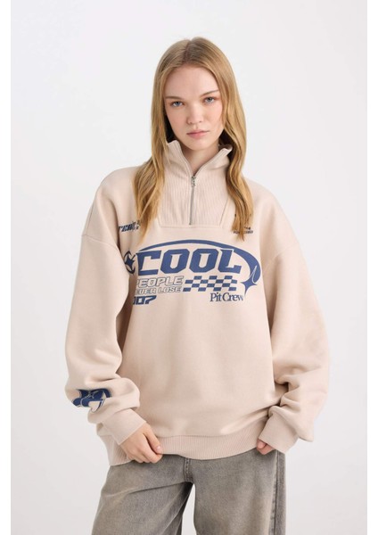Coool Oversize Geniş Kalıp Yarım Fermuarlı Baskılı Kalın Sweatshirt D7565AX24WN fırsatları