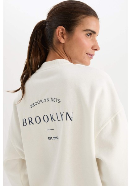 DeFactoFit NBA Brooklyn Nets Oversize Geniş Kalıp Kolej Yaka Sırt Baskılı Bomber Hırka C8101AX24AU