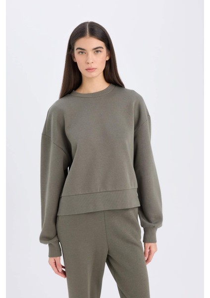 Boxy Fit Bisiklet Yaka Kalın Basic Düz Sweatshirt B8568AX24WN