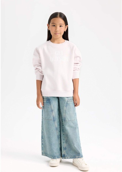 Kız Çocuk Oversize Geniş Kalıp Bisiklet Yaka Sırt Baskılı İçi Yumuşak Tüylü Sweatshirt D4297A824WN
