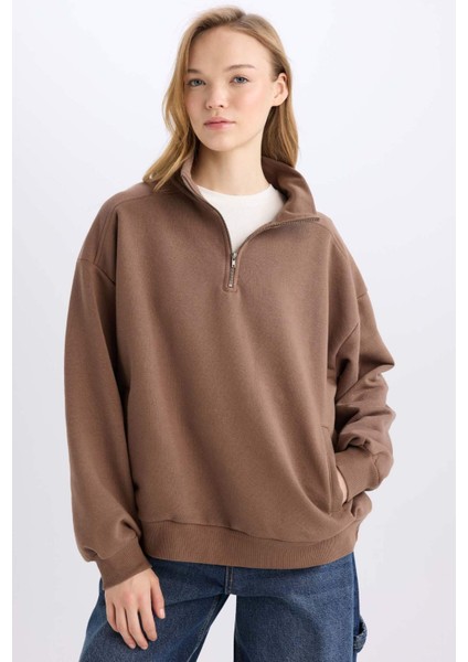 Oversize Geniş Kalıp Fermuarlı Dik Yaka Cepli Basic Düz Kalın Sweatshirt D7206AX24WN