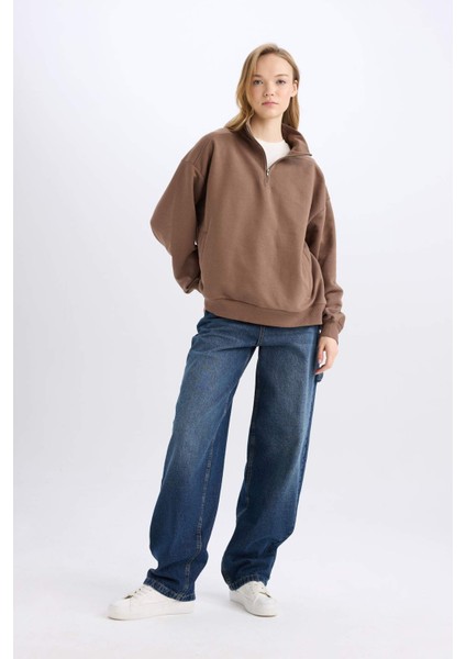 Oversize Geniş Kalıp Fermuarlı Dik Yaka Cepli Basic Düz Kalın Sweatshirt D7206AX24WN fiyatları