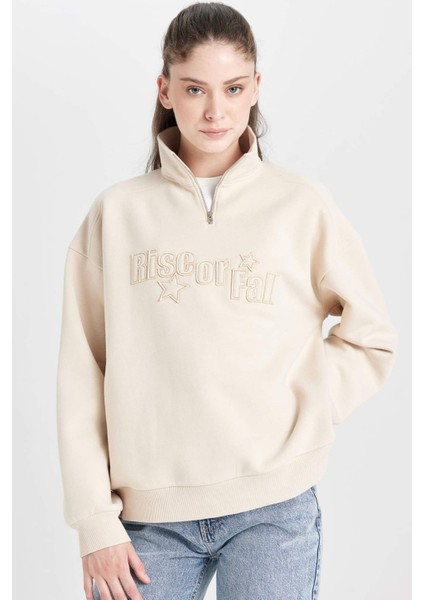 Loose Fit Yarım Fermuarlı Dik Yaka Baskılı Kalın Sweatshirt D6566AX24WN