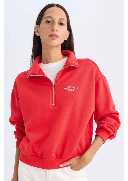 Regular Fit Yarım Fermuarlı Dik Yaka Baskılı Kalın Kırmızı Sweatshirt D5299AX24AU