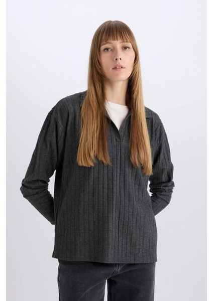 Antrasit Relax Fit Polo Yaka Casual Fitilli Kaşkorse Uzun Kollu Tişört B2404AX24AU modelleri