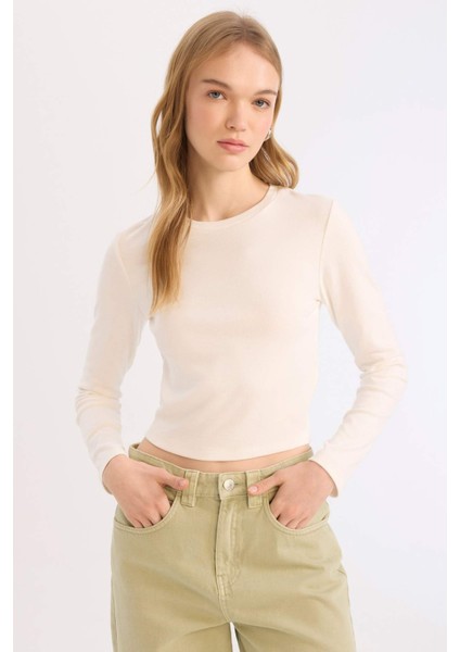 Coool Fitted Bisiklet Yaka Ribana Basic Düz Uzun Kollu Beyaz Tişört