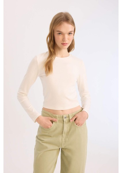 Coool Fitted Bisiklet Yaka Ribana Basic Düz Uzun Kollu Beyaz Tişört fırsatları