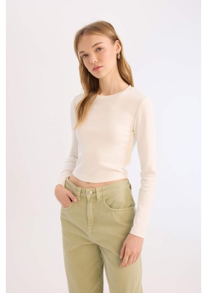 Coool Fitted Bisiklet Yaka Ribana Basic Düz Uzun Kollu Beyaz Tişört indirimleri