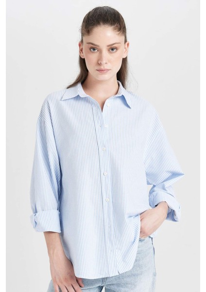 Oversize Geniş Kalıp Çizgili Oxford Uzun Kollu Gömlek D4015AX24AU