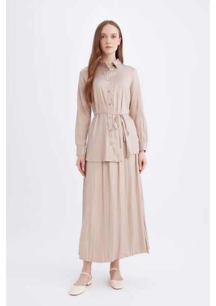 Relax Fit Gömlek Yaka Basic Düz Saten Beli Bağcıklı Uzun Kollu Gömlek Tunik D7202AX24WN