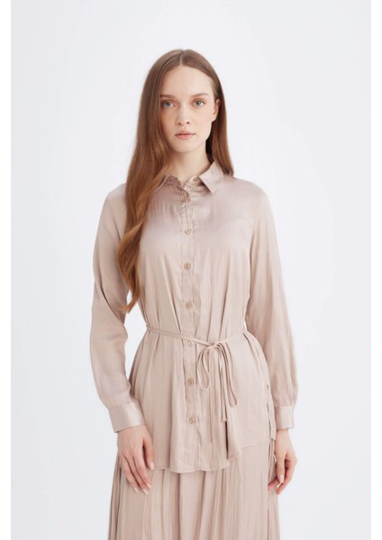 Relax Fit Gömlek Yaka Basic Düz Saten Beli Bağcıklı Uzun Kollu Gömlek Tunik D7202AX24WN