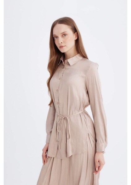Relax Fit Gömlek Yaka Basic Düz Saten Beli Bağcıklı Uzun Kollu Gömlek Tunik D7202AX24WN