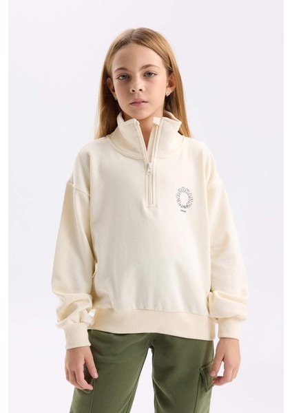 Kız Çocuk Relax Fit Dik Yaka Yarım Fermuarlı Baskılı Sweatshirt D0620A824AU