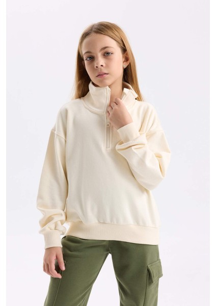 Kız Çocuk Relax Fit Dik Yaka Yarım Fermuarlı Baskılı Sweatshirt D0620A824AU