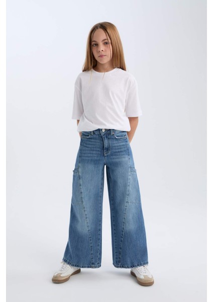 Kız Çocuk Wide Leg Kargo Cepli Geniş Bol Paça Jean Pantolon D4689A824AU modelleri