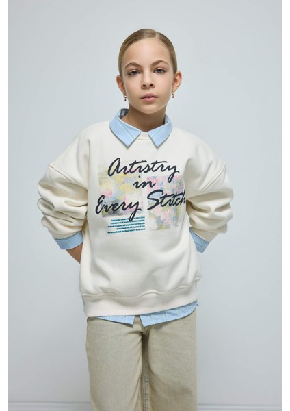 Kız Çocuk Oversize Geniş Kalıp Bisiklet Yaka Baskılı İçi Yumuşak Tüylü Sweatshirt D4297A824WN