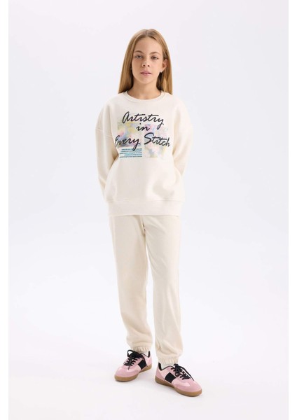 Kız Çocuk Oversize Geniş Kalıp Bisiklet Yaka Baskılı İçi Yumuşak Tüylü Sweatshirt D4297A824WN