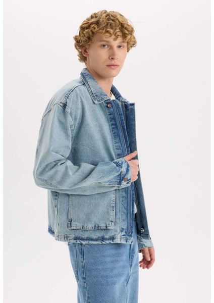 %100 Pamuk Polo Yaka Cepli Fermuarlı Denim Ceket D5884AX24AU fırsatları